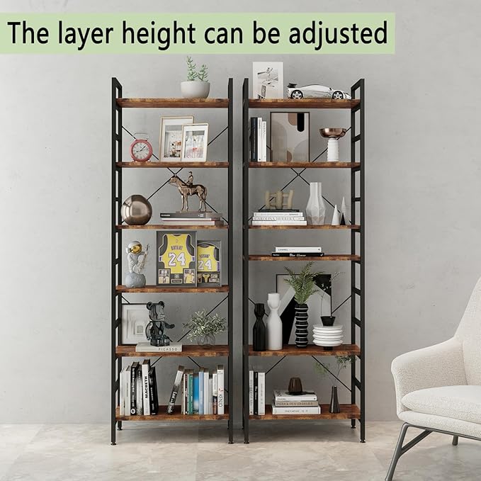 6 Tier Industrial Bookcase Shelf,Tall Bookshelf Industrial Corner Storage Organizer for Bedroom/Living Room/Home Office - Rustic Brown Modern Book Shelf for Books and Movies - LeafyLoom