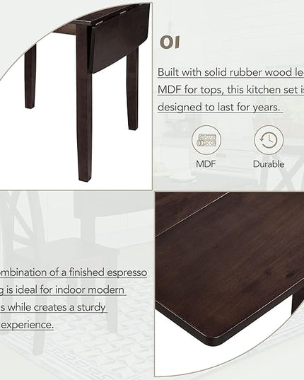 Dining Room Table Set for 2, 3-Piece Wood Kitchen Table Set with Drop Leaf and 2 X-back Chairs, Breakfast Nook Dining Table Set for Small Place, Espresso - LeafyLoom