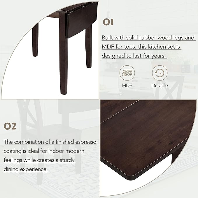Dining Room Table Set for 2, 3-Piece Wood Kitchen Table Set with Drop Leaf and 2 X-back Chairs, Breakfast Nook Dining Table Set for Small Place, Espresso - LeafyLoom