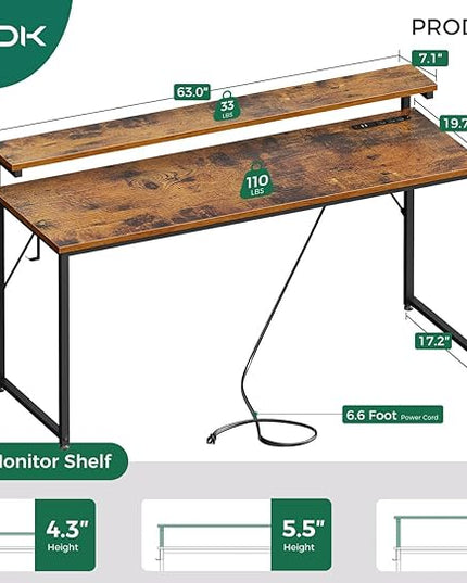 AODK Computer Desk Large Desk with LED Lights and Power Outlet, 63 Inch Office Desk with Adjustable Monitor Shelf (3 Heights), Study Writing Large Desk PC Desk for Home, Rustic Brown - LeafyLoom