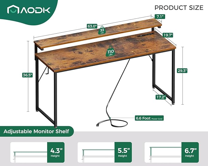 AODK Computer Desk Large Desk with LED Lights and Power Outlet, 63 Inch Office Desk with Adjustable Monitor Shelf (3 Heights), Study Writing Large Desk PC Desk for Home, Rustic Brown - LeafyLoom
