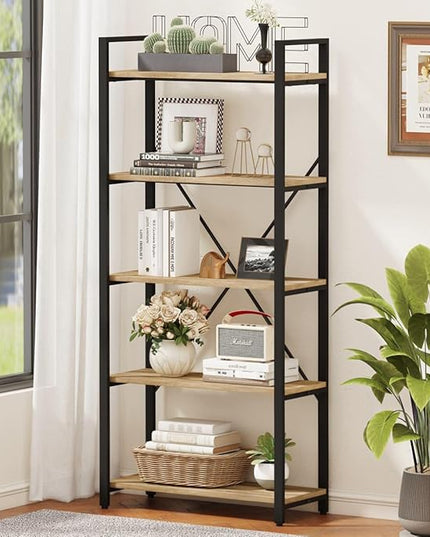 FATORRI 5 Tier Bookshelf, Industrial Wood and Metal Book Shelves for Display, Tall Etagere Bookcase and Rustic Shelving Unit (Rustic Oak) - LeafyLoom