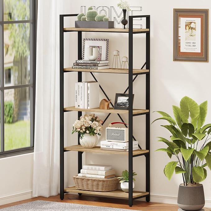 FATORRI 5 Tier Bookshelf, Industrial Wood and Metal Book Shelves for Display, Tall Etagere Bookcase and Rustic Shelving Unit (Rustic Oak) - LeafyLoom