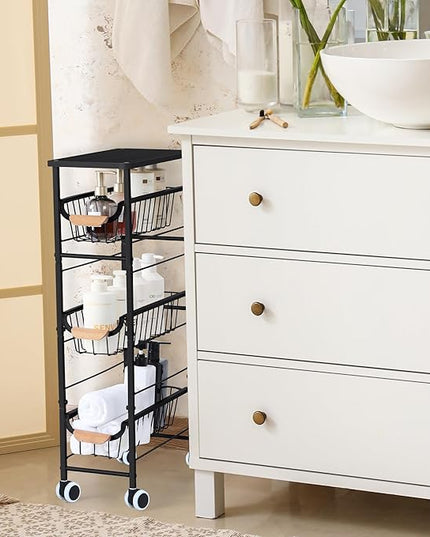 Slim Storage Cart, 4-Tier Narrow Rolling Cart，with Pull-Out Iron Basket, Sturdy Slim Storage Cabinet Iron and Wood Combination，Ideal for Kitchen, Bathroom, and Laundry Room, Black - LeafyLoom