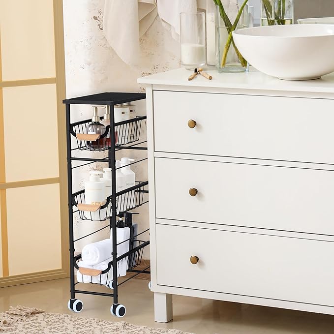 Slim Storage Cart, 4-Tier Narrow Rolling Cart，with Pull-Out Iron Basket, Sturdy Slim Storage Cabinet Iron and Wood Combination，Ideal for Kitchen, Bathroom, and Laundry Room, Black - LeafyLoom