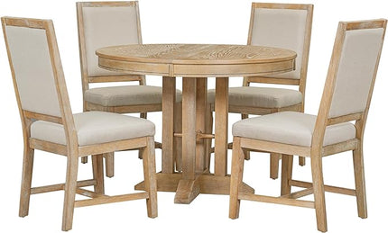 5-Piece Farmhouse Wood Dining Set with Extendable Round Table and 4 Upholstered Chairs for Kitchen, Breakfast Nook, Living Room, Natural, 42"-56" L x 42" W x 30" H - LeafyLoom