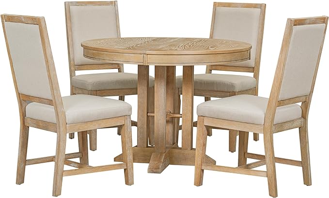 5-Piece Farmhouse Wood Dining Set with Extendable Round Table and 4 Upholstered Chairs for Kitchen, Breakfast Nook, Living Room, Natural, 42"-56" L x 42" W x 30" H - LeafyLoom