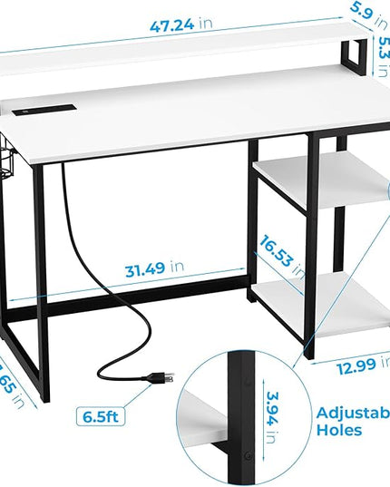 GreenForest Computer Desk with USB Charging Port and Power Outlet, Reversible Home Office Desk with Monitor Stand Storage Shelves for Small Space,47 in Work Desk with Cup Holder Hook,White - LeafyLoom
