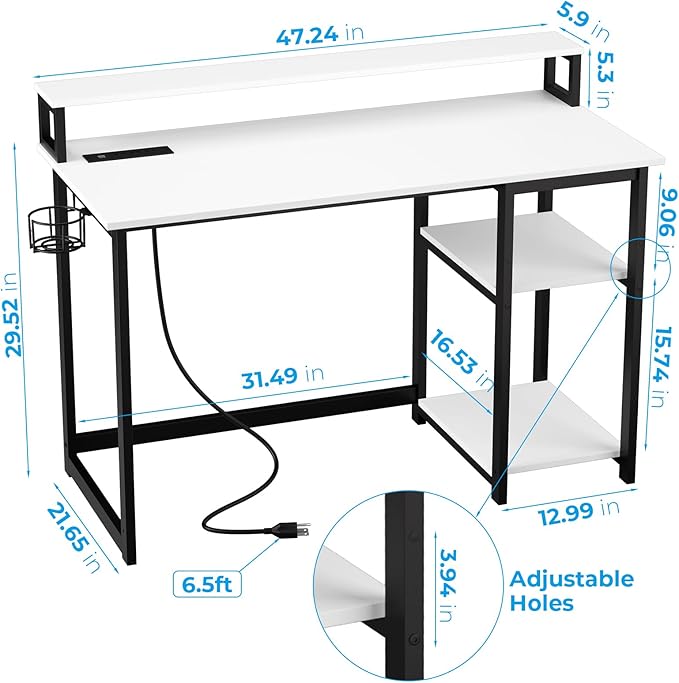 GreenForest Computer Desk with USB Charging Port and Power Outlet, Reversible Home Office Desk with Monitor Stand Storage Shelves for Small Space,47 in Work Desk with Cup Holder Hook,White - LeafyLoom