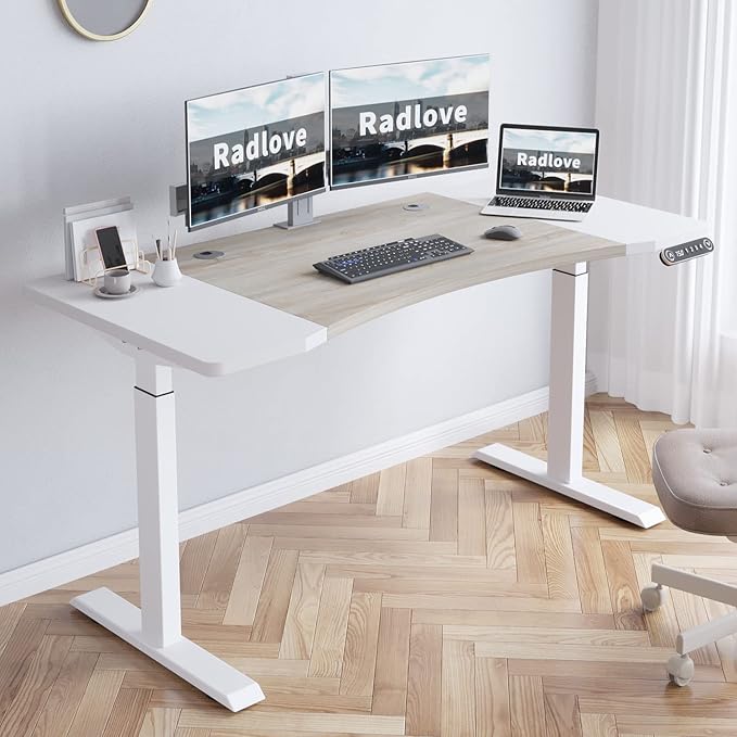 Radlove Dual Motor Height Adjustable Standing Desk, 63 x 30 Height Adjustable Computer Desk Sit Stand Desk Home Office Desks with Splice Board 265 lb Load Capacity White Frame + White Top - LeafyLoom