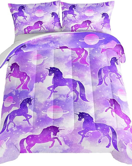 HOSIMA Purple Unicorn Bedding Sets for Girls Kids,3 Piece Soft Microfiber Galaxy Comforter Princess Crib Bedding Set Unicorn Bedroom Decor for Girls Room,Planet Cloud King Size Comforter Set. - LeafyLoom