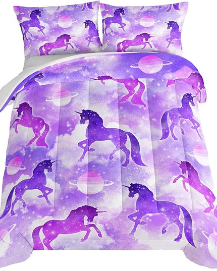 HOSIMA Purple Unicorn Twin Bedding Sets for Girls Kids,3 Piece Soft Microfiber Galaxy Comforter Princess Crib Bedding Set Unicorn Bedroom Decor for Girls Room,Planet Cloud Twin Bed in a Bag. - LeafyLoom