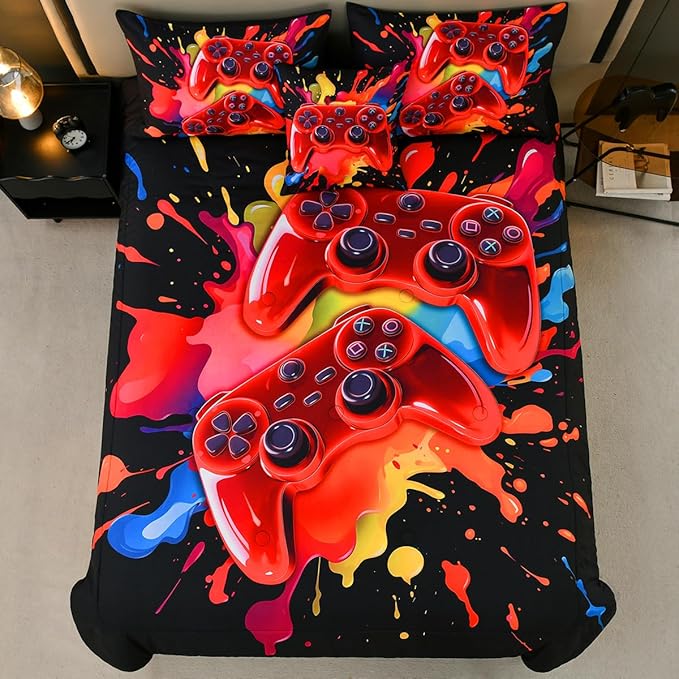 Full Size Gamer Comforter Set for Boys, Game Controller 6 Pcs Bed in a Bag Full Gaming Bediing Set for Boys Kids - LeafyLoom