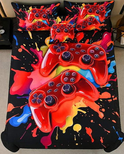 Gamer Comforter Set for Boys Kids, 6 Pcs Bed in a Bag Game Controller Boys Bediing Set Twin Size for All Season - LeafyLoom