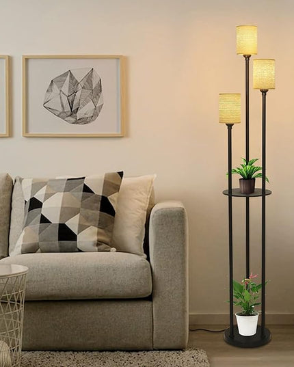 Boho Floor Lamp with Shelves, Black Floor Lamp with Hand-woven Shade, 3-Lights Corner Display Standing Lamp, Farmhouse Rustic Floor Lamps For Living Room, Bedroom, Office, Metal Tall Lamp for Reading - LeafyLoom