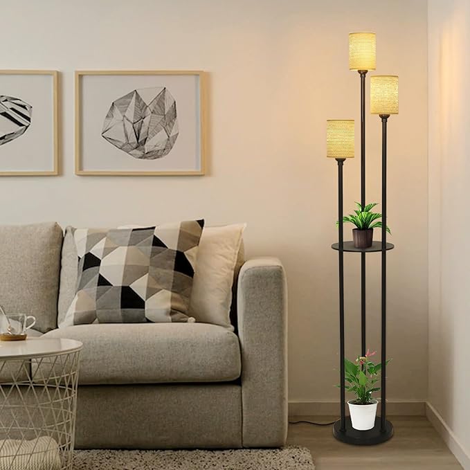 Boho Floor Lamp with Shelves, Black Floor Lamp with Hand-woven Shade, 3-Lights Corner Display Standing Lamp, Farmhouse Rustic Floor Lamps For Living Room, Bedroom, Office, Metal Tall Lamp for Reading - LeafyLoom