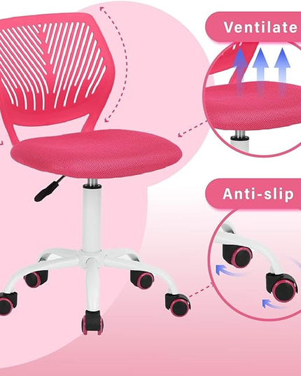 FurnitureR Teens Girls Task Chair 360 Swivel, Low Mid PP Mesh Back Fabric Seat, Height Adjustable, Rolling Castor, W15.7inces x D15.2inces x H29.5-34.2inches (Pink) - LeafyLoom