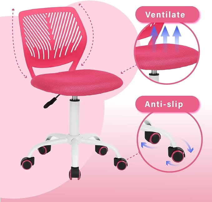 FurnitureR Teens Girls Task Chair 360 Swivel, Low Mid PP Mesh Back Fabric Seat, Height Adjustable, Rolling Castor, W15.7inces x D15.2inces x H29.5-34.2inches (Pink) - LeafyLoom