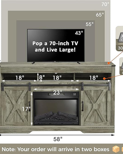 Farmhouse Fireplace TV Stand for 65+ Inch TV, Entertainment Center with 23" Electric Fireplace with Remote, Modern Rustic TV Console with Sliding Bar Door for Living Room, Light Grey - LeafyLoom