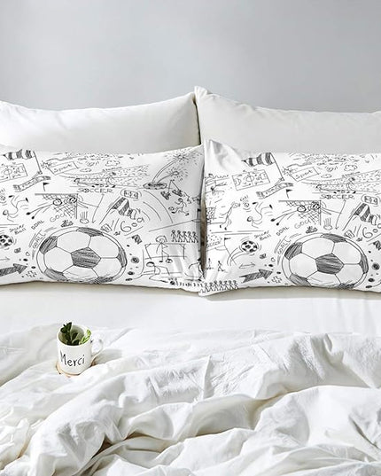 Erosebridal Boys Football Comforter Set King Hand Drawn Soccer Bedding Set for kids teen men Sports Games down comforter Black White Sketch Quilt Duvet Insert 1 Comforter with 2 Pillow Cases - LeafyLoom