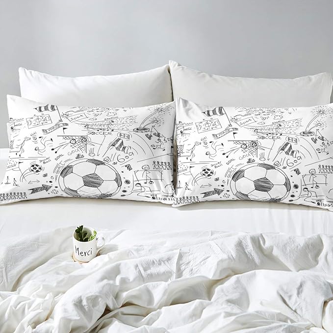 Erosebridal Boys Football Comforter Set King Hand Drawn Soccer Bedding Set for kids teen men Sports Games down comforter Black White Sketch Quilt Duvet Insert 1 Comforter with 2 Pillow Cases - LeafyLoom
