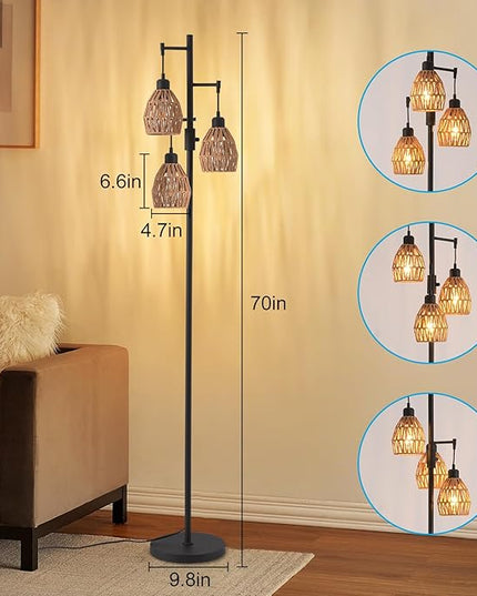 Boho Rattan Floor Lamp - Standing Lamps for Living Room 70'' Dimmable Floor Lamp with Cage Shade, Industrial Farmhouse Floor Lamps Rustic Floor Lamps Vintage Lamp for Living Room Bedroom Office - LeafyLoom