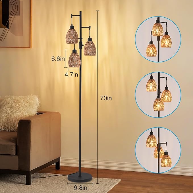 Boho Rattan Floor Lamp - Standing Lamps for Living Room 70'' Dimmable Floor Lamp with Cage Shade, Industrial Farmhouse Floor Lamps Rustic Floor Lamps Vintage Lamp for Living Room Bedroom Office - LeafyLoom
