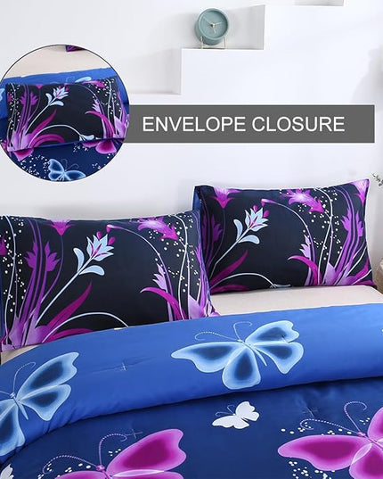 WINLIFE Butterfly Comforter Set Full Size for Girls Purple Blue Black Butterflies Printed Bedding Set for All Season, Soft Breathable & Light Bed Sets - LeafyLoom