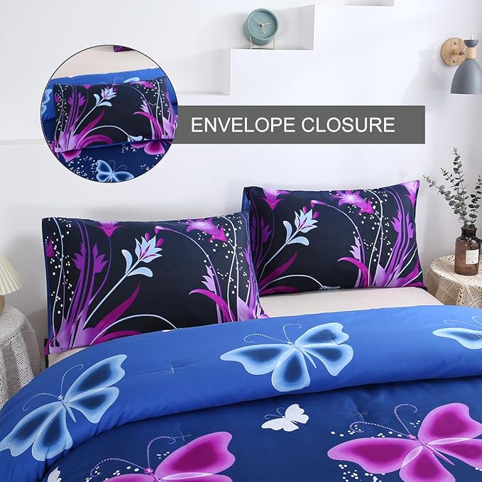 WINLIFE Butterfly Comforter Set Full Size for Girls Purple Blue Black Butterflies Printed Bedding Set for All Season, Soft Breathable & Light Bed Sets - LeafyLoom