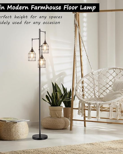 70" Dimmable Floor Lamp for Living Room, Industrial 3-light Tree Floor Lamp Black with Cages, Farmhouse Rustic Tall Standing Lamp Floor Lighting for Bedroom Office, 3 Free LED Edison Bulbs - LeafyLoom