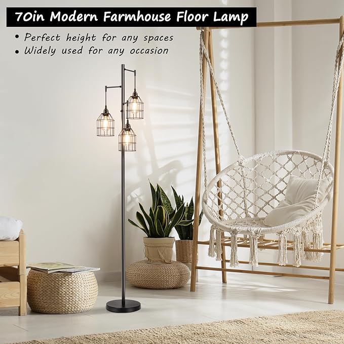 70" Dimmable Floor Lamp for Living Room, Industrial 3-light Tree Floor Lamp Black with Cages, Farmhouse Rustic Tall Standing Lamp Floor Lighting for Bedroom Office, 3 Free LED Edison Bulbs - LeafyLoom