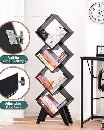Yoobure Black Bookshelf - Small Book Shelf, 4-Tier Tall Bookcases Book Organizer, Industrial Bookshelves Floor Standing for CDs/Books in Small Spaces, Bedroom, Living Room, Home Office - LeafyLoom
