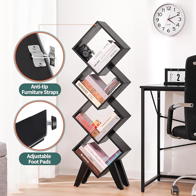 Yoobure Black Bookshelf - Small Book Shelf, 4-Tier Tall Bookcases Book Organizer, Industrial Bookshelves Floor Standing for CDs/Books in Small Spaces, Bedroom, Living Room, Home Office - LeafyLoom