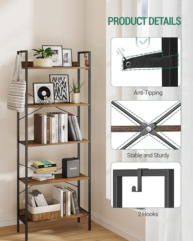 Bookshelf, Book Shelf, Industrial Bookcase with 2 Hooks, Coner Shelf Storage Organizer for Home Office, Living Room, Bedroom, Kitchen, 5-Tier Rustic Brown BC22501B - LeafyLoom
