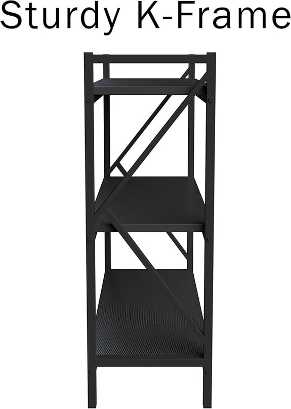 3 Shelf Bookcase - Console Table or Storage Shelf with Carbon Fiber Texture Finish and K Shaped Legs by Lavish Home (Black) - LeafyLoom