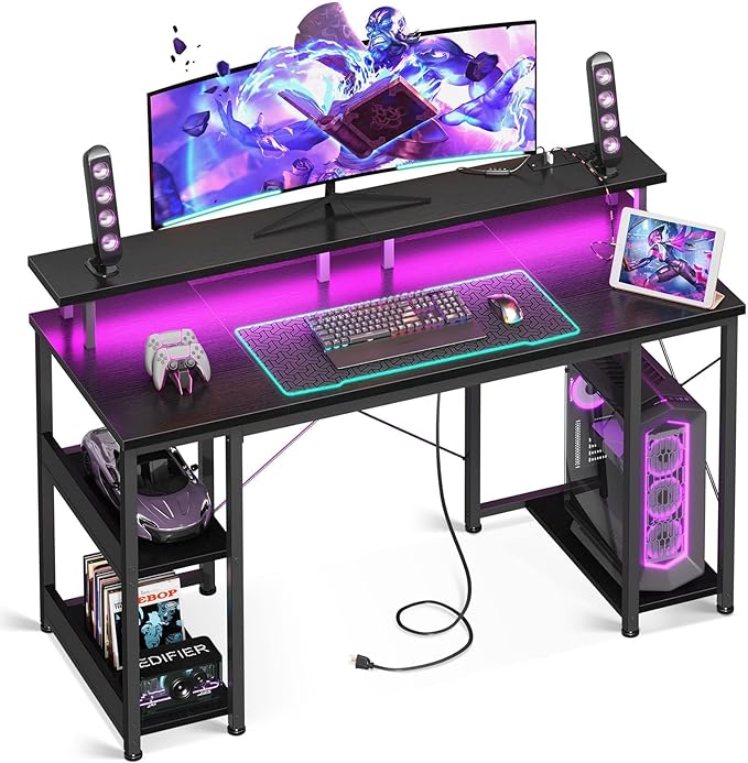 ODK 48 inch Gaming Desk with LED Lights & Power Outlets, Computer Desk with Monitor Stand & Storage Sheves, CPU Stand, Home Office Desk, Black - LeafyLoom