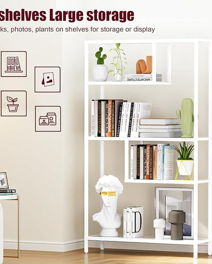 HOME BI Geometric Bookshelf, Tall Modern Etagere Bookcase, Industrial Metal Book Shelf with 5 Open Display Shelves for Office Living Room, White - LeafyLoom
