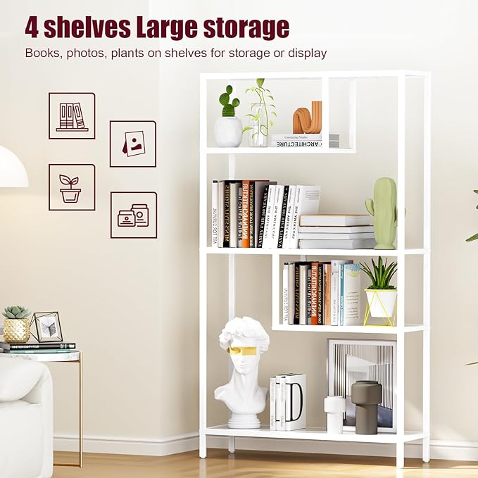 HOME BI Geometric Bookshelf, Tall Modern Etagere Bookcase, Industrial Metal Book Shelf with 5 Open Display Shelves for Office Living Room, White - LeafyLoom