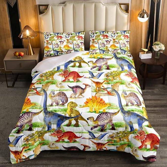 Erosebridal Dinosaur Comforter Set Kawaii Dino Bedding Set for Kids Girls Boys Teens Bedroom Decor, Retro Animal Duvet Insert Watercolor Wildlife Soft Microfiber Quilt with 1 Pillow Case, Twin - LeafyLoom