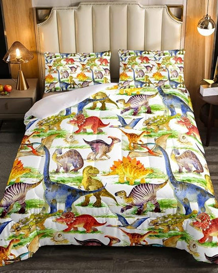 Erosebridal Dinosaur Comforter Set Kawaii Dino Bedding Set for Kids Girls Boys Teens Bedroom Decor, Retro Animal Duvet Insert Watercolor Wildlife Soft Microfiber Quilt with 2 Pillow Cases, Queen - LeafyLoom