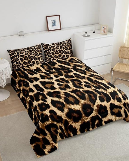 Black Brown Leopard Print Comforter Set Women Cheetah Printed Bedding Set Men Africa Animal Wildlife Duvet Set for Kids Girls Teens Bedroom Decor Luxury Home Hotel Room Soft Comforter Queen Size 3Pcs - LeafyLoom