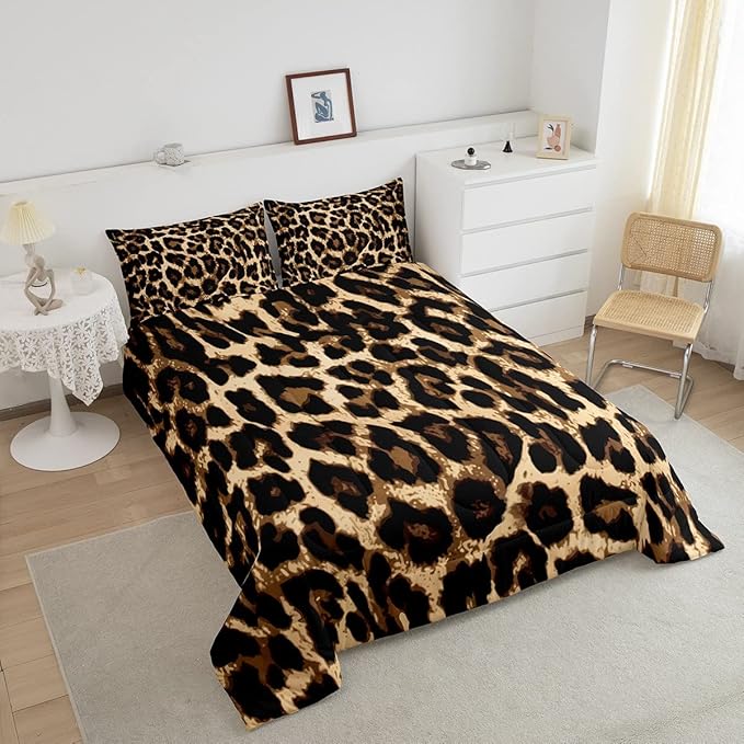 Black Brown Leopard Print Comforter Set Women Cheetah Printed Bedding Set Men Africa Animal Wildlife Duvet Set for Kids Girls Teens Bedroom Decor Luxury Home Hotel Room Soft Comforter Queen Size 3Pcs - LeafyLoom