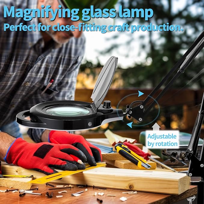 10X Magnifying Lamp with Clamp, KIRKAS 2200 LM Super Bright and Stepless Dimming Magnifying Glass with Light, Real Glass Lens Lighted Magnifier Light for Close Work, Crafts, Reading, Repair - Black - LeafyLoom