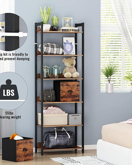 Furologee 6-Tier Bookshelf, Tall 71" Rustic Bookcase with 2 Drawers Storage Organizer, Industrial Display Free Standing Shelf Units, Wood and Metal Storage Rack for Home Office, Bedroom, Rustic Brown - LeafyLoom