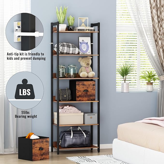 Furologee 6-Tier Bookshelf, Tall 71" Rustic Bookcase with 2 Drawers Storage Organizer, Industrial Display Free Standing Shelf Units, Wood and Metal Storage Rack for Home Office, Bedroom, Rustic Brown - LeafyLoom