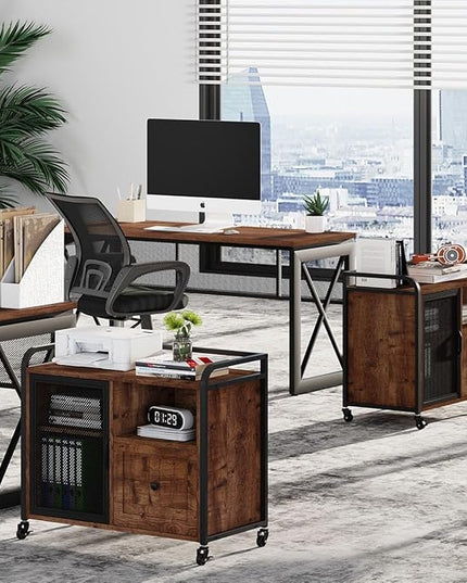 BON AUGURE Filing Cabinet for Home Office, Rolling Lateral File Cabinet with Storage, Wood Metal Printer Stand with Drawer (Rustic Oak) - LeafyLoom