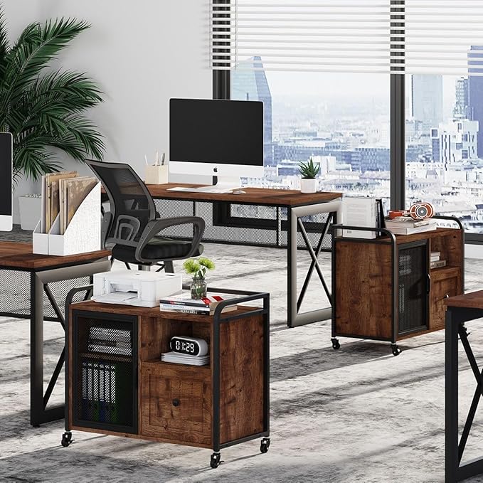 BON AUGURE Filing Cabinet for Home Office, Rolling Lateral File Cabinet with Storage, Wood Metal Printer Stand with Drawer (Rustic Oak) - LeafyLoom