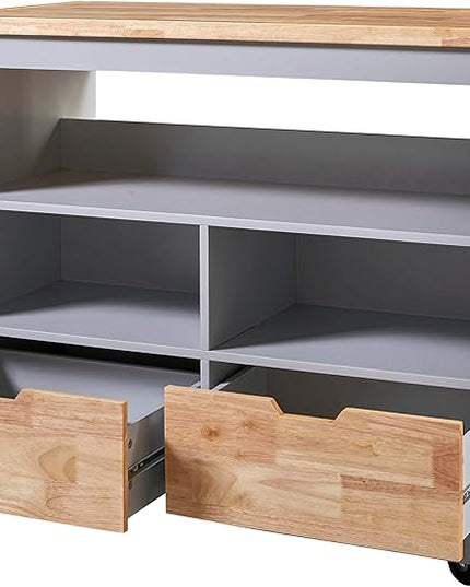 Kitchen Island with Storage, Two-Sided Rolling Extended Table on Wheels w/Wood Top, Kitchen Island Cart w/Wine and Spice Rack, 2 Drawers, 3 Open Compartments for Dinning Room - LeafyLoom
