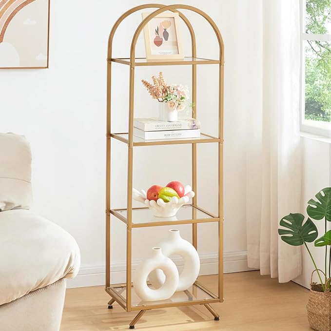 HOMBAZAAR Bookshelf,4-Tier Modern Bookcase,Book Shelf with Tempered Glass,Tall Bookshelf for Home Office, Bedroom and Living Room,Gold. - LeafyLoom