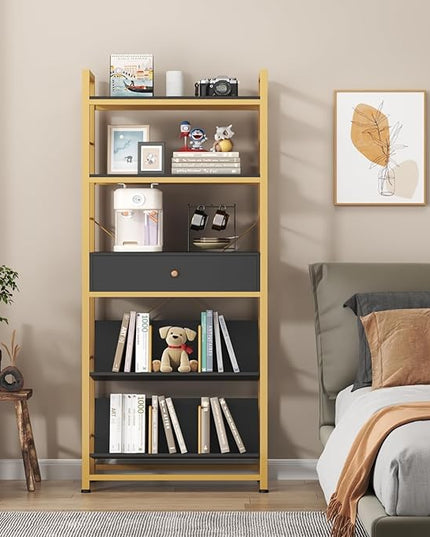 Bookshelf with Drawers- 60'' Wide Industrial Book Shelf with Bookend, 5 Tiers Tall Storage Shelves, Steel Frame Display Rack, Suitable for Bedroom, Office, Living Room-27'' Depth Black - LeafyLoom